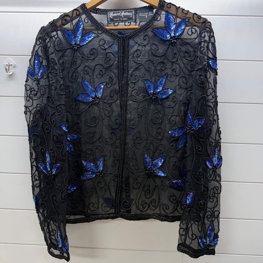 Robert Anthony Womens Silk Beaded Sequin Butterfly Evening Jacket Black Blue S
